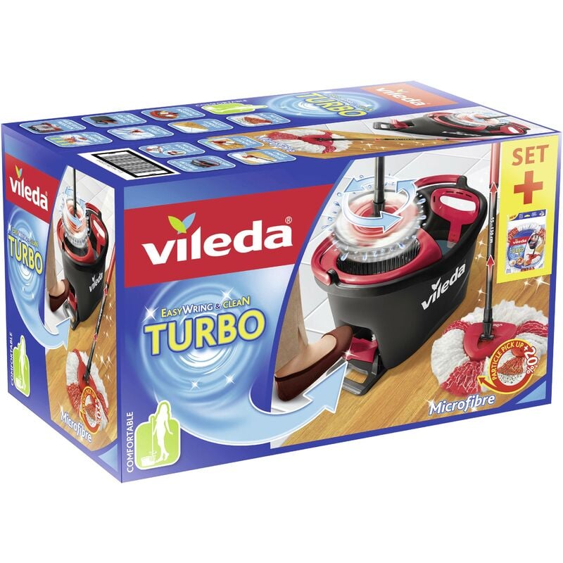 Vileda Easy Wring & Clean Turbo Balai à Frange Seau à Pédale Set Complet,  2,1kg 1 Unité (Lot de 1) Gris/Rouge & Recharge Turbo 3en1 avec Pad Central