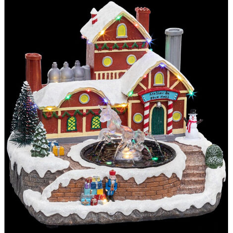 Village de noël animé et lumineux fontaine du père Noël