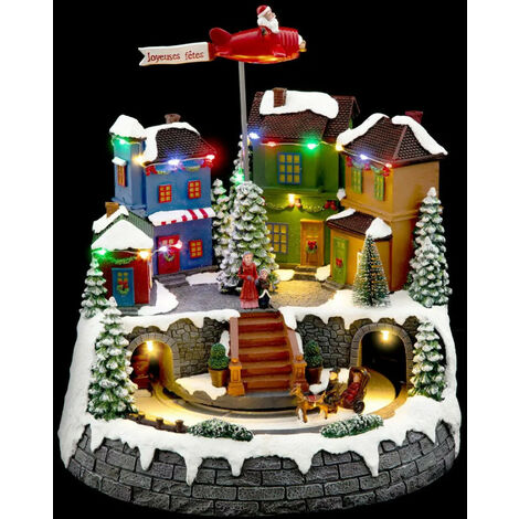 Village de Noël avion du Père Noël et calèche lumineux et animé