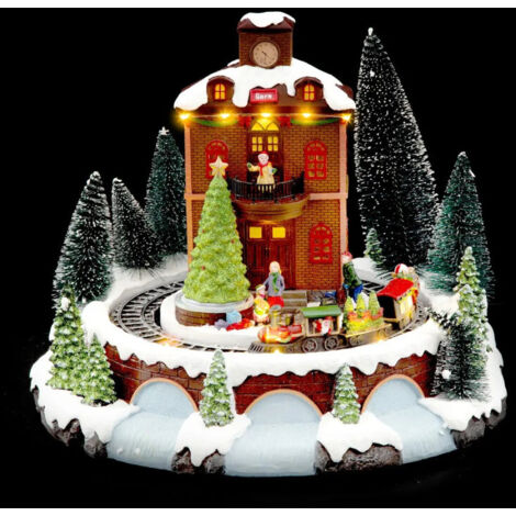 Village de Noël lumineux gare avec train animé