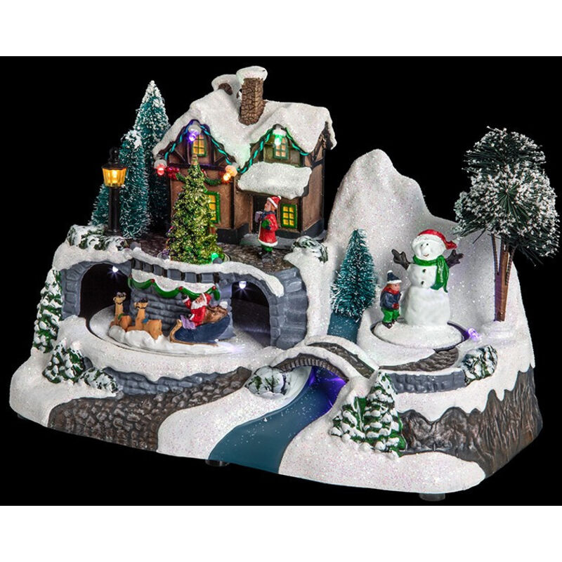 Fééric Lights And Christmas – Maison de Noël lumineuse avec Père Noël et bonhomme de neige – Décoration festive 24x15cm – Éclairage LED à piles – PVC
