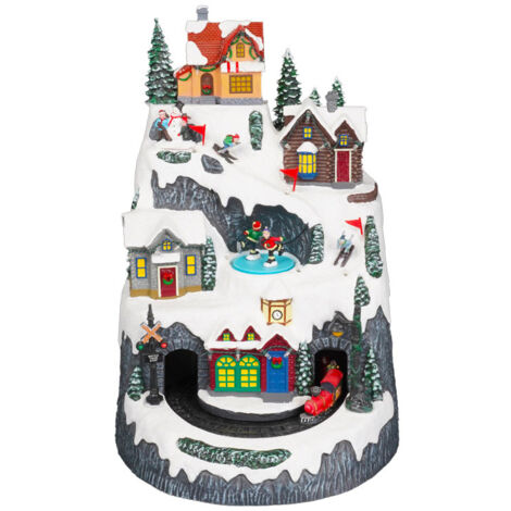 Villaggio Natalizio 40x26x26 cm in Resina con Trenino  Musica e Luci