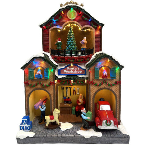 Villaggio Natalizio Fabbrica di Babbo Natale 29x16x23 cm con Movimento Luci e Suoni