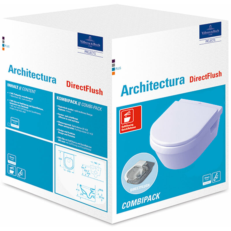 

Villeroy & Boch Architectura Combi-Pack washdown WC DirectFlush (borde de descarga abierto) incl. asiento de WC con función de cierre suave, White