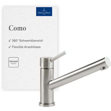 Villeroy & Boch Como Küchenarmatur, Hochdruck, Wasserhahn Küche mit Keramikkartusche und 360° Schwenkbereich, Spültischarmatur wassersparend, Auslauf Höhe 135mm, Edelstahl massiv
