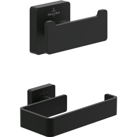 Villeroy & Boch Elements-Striking Accessoire-Set (2 in 1 Bundle), Bad Zubehör Set bestehend aus Doppel-Handtuchhaken und Toilettenpapierhalter ohne Deckel, Matt Black