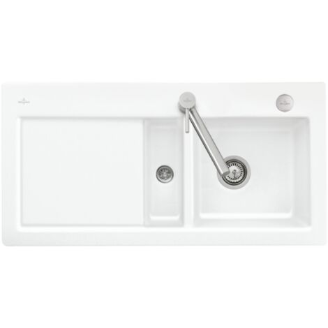 Villeroy & Boch – Évier 1,5 bac avec égouttoir à gauche – Céramique blanche – Dimensions 100 x 51 cm – Vidage automatique inclus
