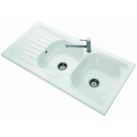 Villeroy & Boch – Évier 2 bacs en céramique blanc brillant – Dimensions 120x60 cm – Avec égouttoir et vidage manuel – Installation en saillie