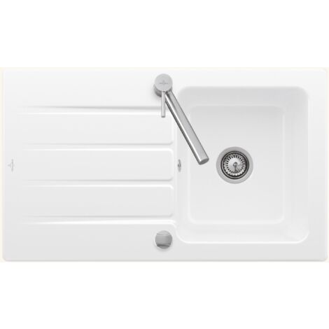 Villeroy & Boch – Évier céramique blanc 1 bac 1 égouttoir – Pose à encastrer – Bonde et siphon inclus – Coloris blanc – Trop plein intégré