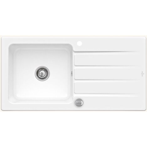 Villeroy & Boch – Évier céramique blanc 1 grand bac 1 égouttoir – Pose à encastrer – Dimensions 1000x510mm – Trop plein inclus – Pour sous-meuble 60cm