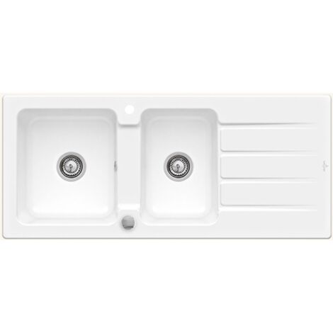 Villeroy & Boch – Évier céramique blanc 2 bacs 1 égouttoir – Pose à encastrer – Bonde et siphon inclus – Dimensions 1160x510mm