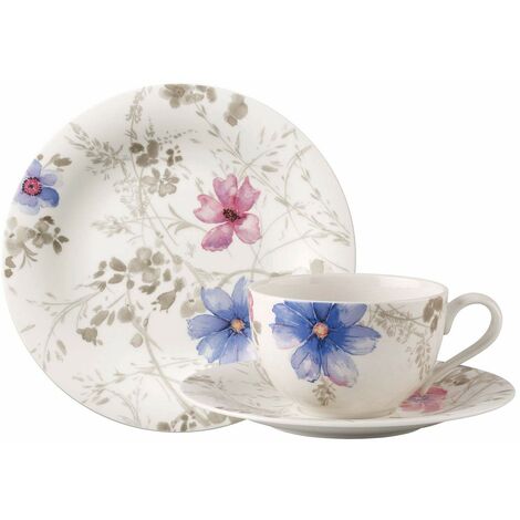 Villeroy & Boch - Mariefleur Gris Basic Servizio di caffè + Mariefleur Set da tavola, stoviglie a fiori, 18 pz, porcellana Premium, bianco/blu/grigio