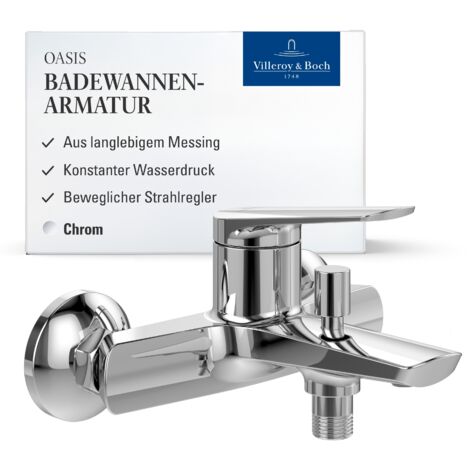 Villeroy & Boch Oasis Badewannenarmatur Aufputz, Wasserhahn Badewanne mit Rückflussschutz und Umstellfunktion, Mischbatterie Badewanne mit beweglichem Strahlregler, rund, Chrom