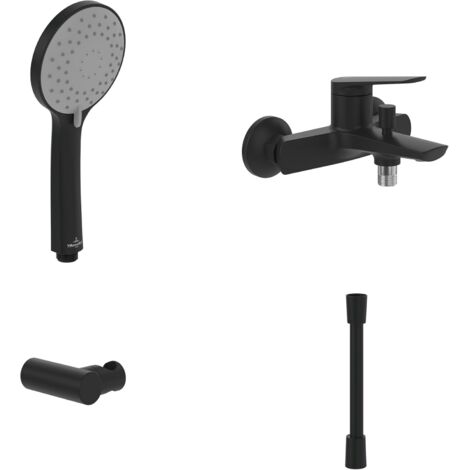 Villeroy & Boch Oasis Badewannenarmaturen-Set Aufputz (4 in 1 Bundle), Wannenarmatur inkl. Armatur, Handbrause, Handbrauseschlauch und Handbrausehalter, Matt Black