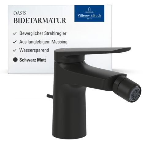 Villeroy & Boch Oasis Einhebel-Bidetarmatur, Bidet Wasserhahn mit Zugstange und Keramikkartusche, Bidetmischer wassersparend, Auslauf Höhe 73mm, rund, Matt Black