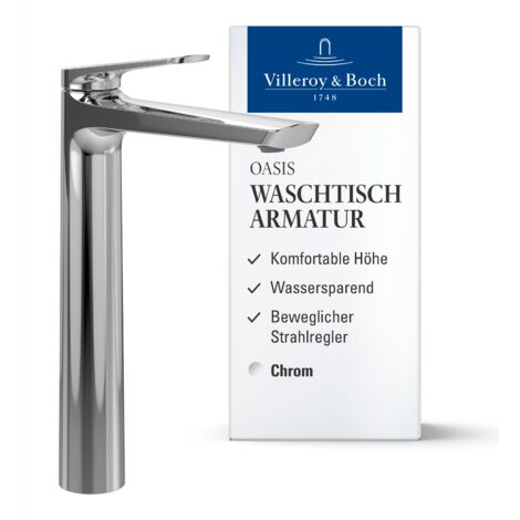 Villeroy & Boch Oasis Waschtischarmatur erhöht, ohne Ablaufgarnitur, Wasserhahn Bad mit Keramikkartusche, Waschbeckenarmatur wassersparend, Auslauf Höhe 245mm, rund, Chrom