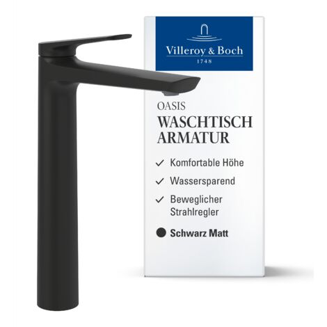 Villeroy & Boch Oasis Waschtischarmatur erhöht, ohne Zugstange, Wasserhahn Bad mit Keramikkartusche, Waschbeckenarmatur wassersparend, Auslauf Höhe 245mm, rund, Matt Black