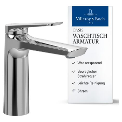 Villeroy & Boch Oasis Waschtischarmatur ohne Zugstange, Wasserhahn Bad mit Keramikkartusche, Waschbeckenarmatur wassersparend, Auslauf Höhe 114mm, rund, Chrom