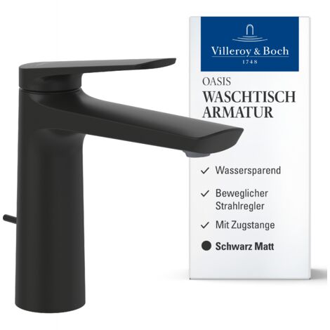 Villeroy & Boch Oasis Waschtischarmatur, Wasserhahn Bad mit Zugstange und Keramikkartusche, Waschbeckenarmatur wassersparend, Auslauf Höhe 114mm, rund, Matt Black