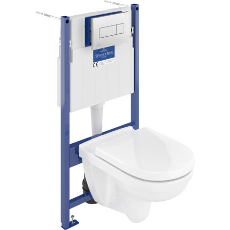 Villeroy & Boch – Pack bâti-support WC suspendu avec cuvette O.Novo – Plaque de déclenchement chromée mat – Chasse d'eau 3/6L – Sortie horizontale