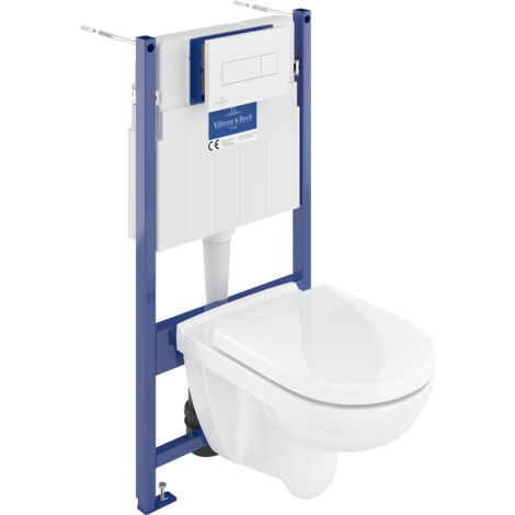 Villeroy & Boch – Pack bâti-support WC suspendu – Cuvette sans bride à fond creux – Abattant Duroplast SoftClosing – Plaque de déclenchement blanche