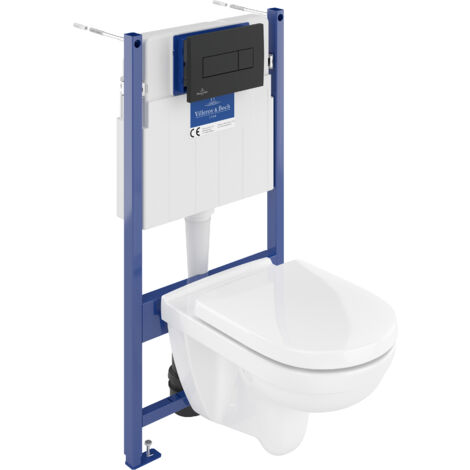 Villeroy & Boch – Pack bâti-support WC suspendu avec plaque noire mat – Cuvette sans bride O.Novo – Chasse d'eau 3/6L – Installation murale et sol