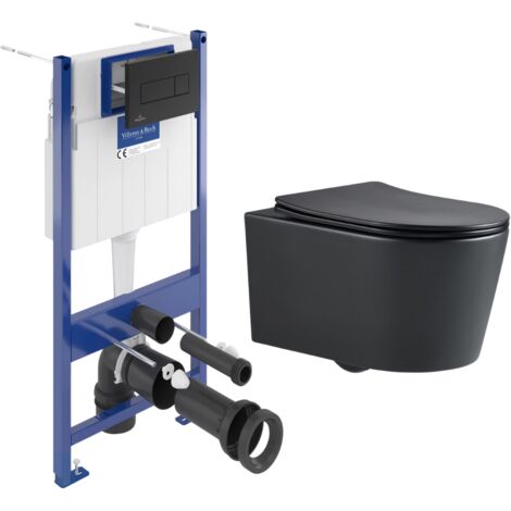 Villeroy & Boch – Pack WC bâti-support sol mur – WC SAT sans bride – Abattant SoftClose – Plaque noire – VCNBLSAT4