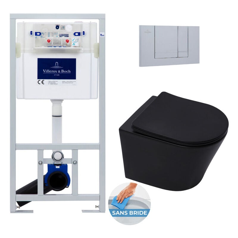 Pack wc Bâti-support Viconnect + wc sans bride Infinitio Noir mat + Abattant softclose + Plaque chrome mat - Villeroy&boch