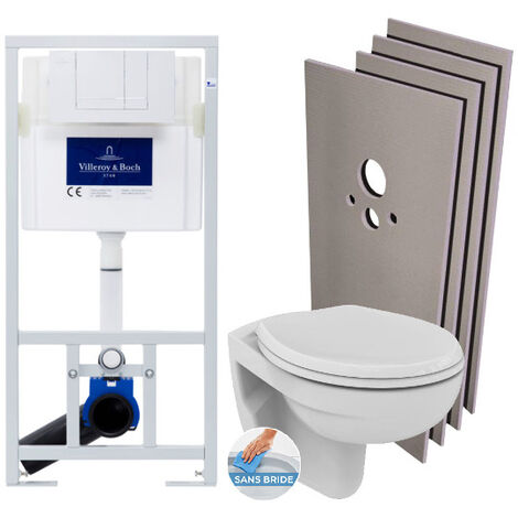 Villeroy & Boch Pack WC bâti-support + WC Porcher sans bride + Abattant + Plaque blanche + Set d'habillage (ViConnectPorcher-2-sabo)