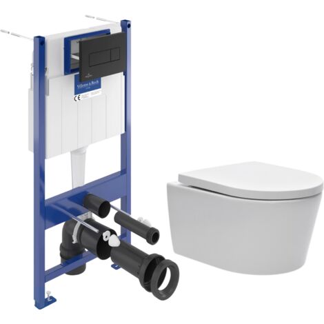 Villeroy & Boch – Pack WC broyeur avec bâti-support sol mur – WC suspendu sans bride – Abattant SoftClose – Plaque noire – VCNSAT4