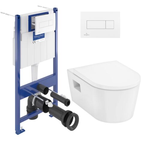 Villeroy & Boch – Pack WC suspendu – Bâti-support Hansgrohe EluPura – Cuvette sans bride – Abattant softclose – Plaque blanche – VCNPURAS2