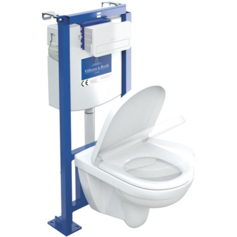 Villeroy & Boch – Pack WC suspendu sans bride – Cuvette en céramique sanitaire – Abattant SoftClosing – Chasse d'eau 3/6L – Évacuation horizontale