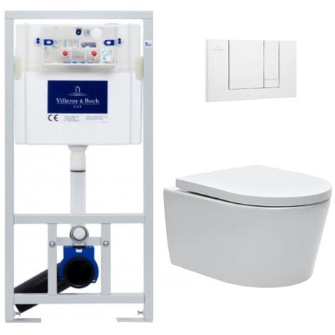 Villeroy & Boch Pack WC Vorwandelement + WC Swiss Aqua Technologies spülrandlos und unsichtbare Befestigungen + Mattverchromte Platte