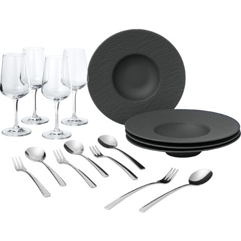 Villeroy & Boch - Set di stoviglie per amanti della pasta e del vino, 12 pz., look ardesia in nero opaco, servizio da tavola per 4 persone