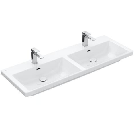 Villeroy & Boch Subway 3.0 - Double-lavabo 130x47 cm, avec trop-plein, trous pour robinetterie, CeramicPlus, blanc alpin 4A71D5R1