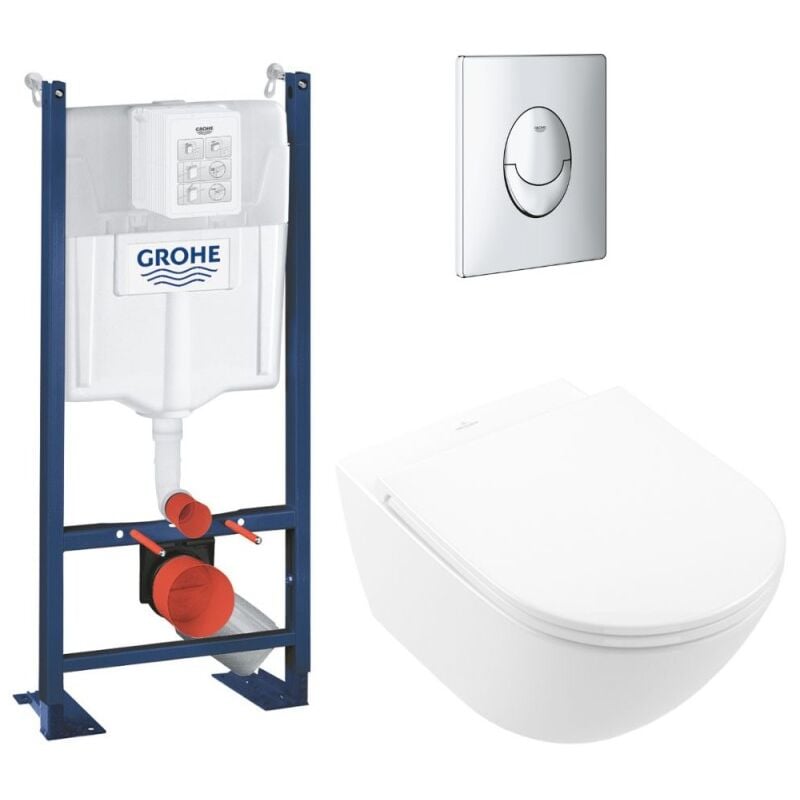 Villeroy&boch - Lot wc modèle suspendu villeroy et boch Universo TwistFlush blanc + bâti et plaque chromée grohe