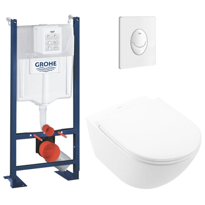 Lot WC modèle suspendu VILLEROY ET BOCH Universo TwistFlush blanc + bâti et plaque blanche GROHE
