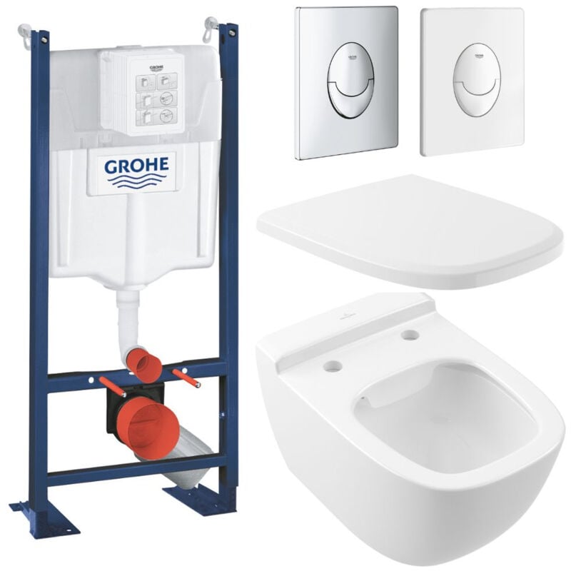 Pack wc suspendu sans bride villeroy et boch Antheus DirectFlush avec abattant + bâti support grohe Rapid sl et plaque chromée