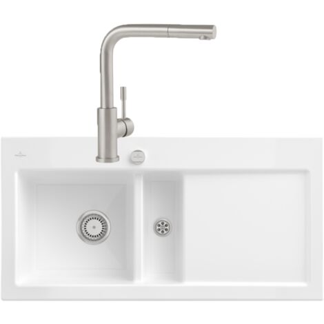 VILLEROY ET BOCH Subway Pure 60 fregadero desagüe derecho desagüe automático + Grifo de cocina ducha de acero Acero macizo
