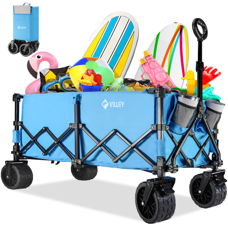 VILLEY Chariot de Plage Pliable, Chariot à Roulettes avec Freins 200 L 150KG, Chariot de Transport Tout Terrain Poignée Réglable pour Camping,