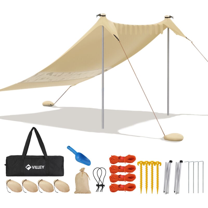 Tente de Plage Anti-UV, UPF50+, Abris de Plage pour 3 Personnes, Lycra Tente avec 2 Pièces Poteaux en Aluminium et Sac de Sable pour Camping