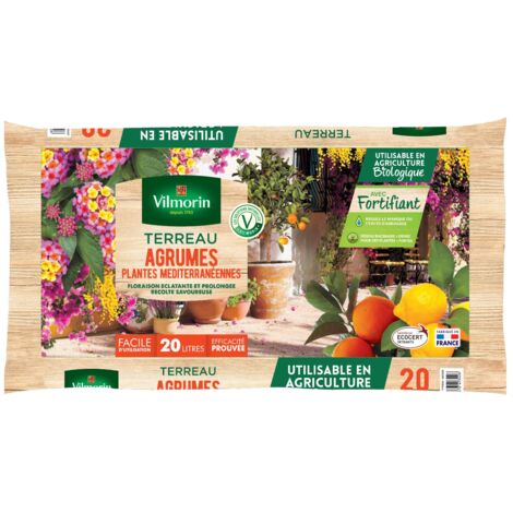 Terreau agrumes et plantes méditerranéennes 20 litres – Composition enrichie en mycorhizes – Pour croissance robuste et floraison abondante – Vilmorin