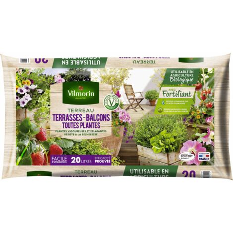 Terreau pour terrasses et balcons 20 L – Riche en éléments nutritifs – Certifié utilisable en agriculture biologique – Vilmorin
