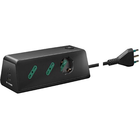Vimar 00604.CC Presa multipla da scrivania con interruttore e cavo 2m, 1 uscita SICURY universale, 2 uscite SICURY standard italiano, 2 uscite USB A e 1 uscita USB C, spina 16A standard italiano, nero
