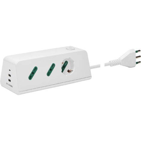 VIMAR 00604.CC.B Presa multipla da scrivania con interruttore e cavo 2m, 1 uscita SICURY universale, 2 uscite SICURY standard italiano, 2 USB A e 1 USB C, spina 16A, bianco