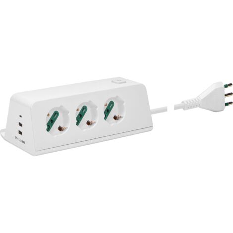 VIMAR 00609.CC.B Presa multipla da scrivania con interruttore e cavo 2m, 3 uscite SICURY universale standard italiano, 2 uscite USB A e 1 USB C, ricarica induttiva 10 W, spina 16A, bianco