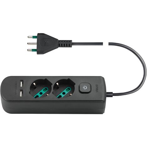 Vimar 0R00625.CC Presa multipla con interruttore e cavo da 1,5 m, 2 universale standard italiano, 2 uscite SICURY USB A, spina nero