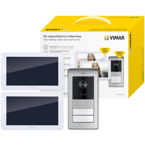 VIMAR K42916 Kit videocitofono multifamiliare, touch screen, targa con lettore RFID con 2 pulsanti, distributore bus a 4 uscite, alimentatore multispina, staffe per fissaggio