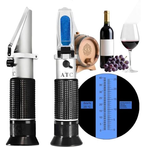 Vin Refractomètre,Hand Held Brix/Alcool Réfractomètre avec ATC pour Fabrication Brassage de la Vin, Échelle Double (Brix 0–40%, Alcool 0–25%)