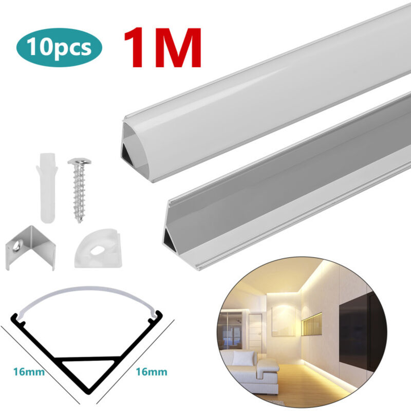 Vingo - 10x1m Profilé Aluminium led Angle Anodisé Diffuseur laiteux pour Ruban Bande led Couvercle Blanc Opaque Forme en v - argent